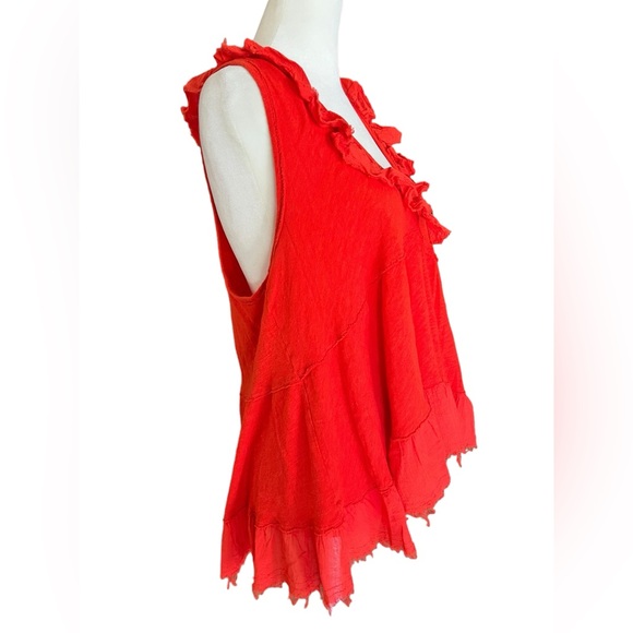 FREE PEOPLE “Out And About” Linen-Blend Ruffle Tiered Deep V-Neck Tank Top Red S - Picture 3 of 10